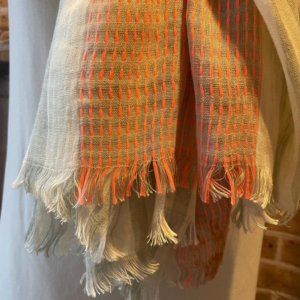 Lightweight Striped Scarf‎ Shawl Wrap Linen Blend Pink Grey White Fringe